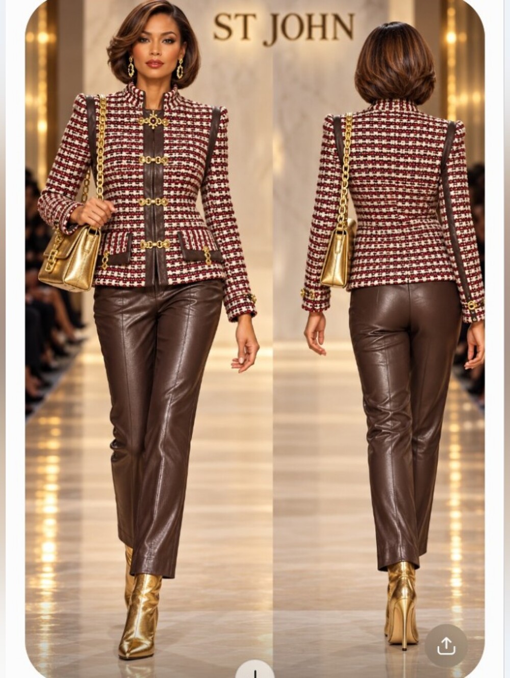 St. John Burgundy & Brown Houndstooth Knit Jacket with Brown Leather Pants